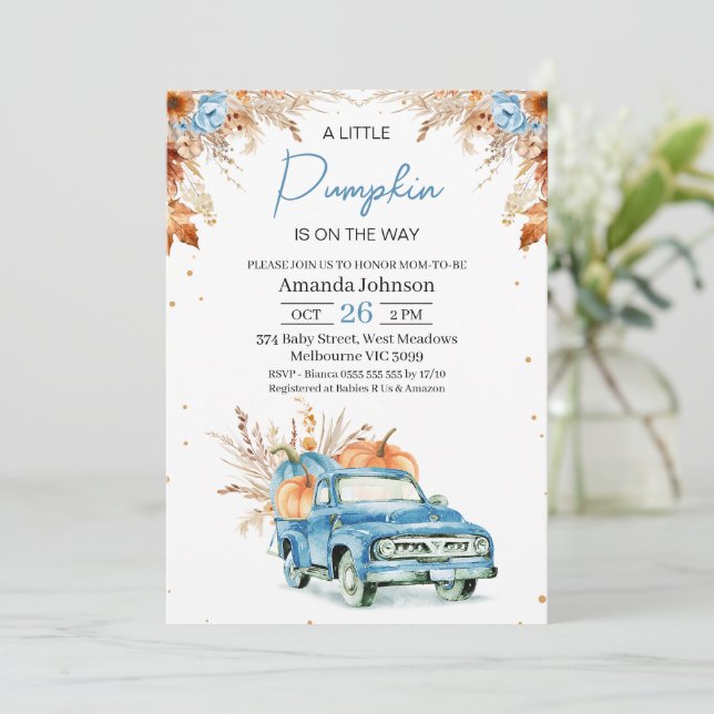 Invitation Baby shower de camion Citrouille Rustic Blue Water (Debout devant)