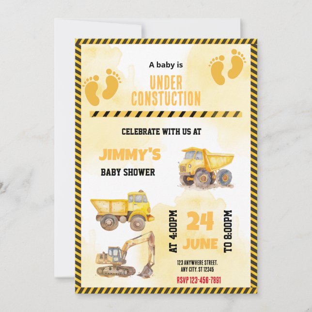 Invitation Baby shower de camion de construction (Devant)
