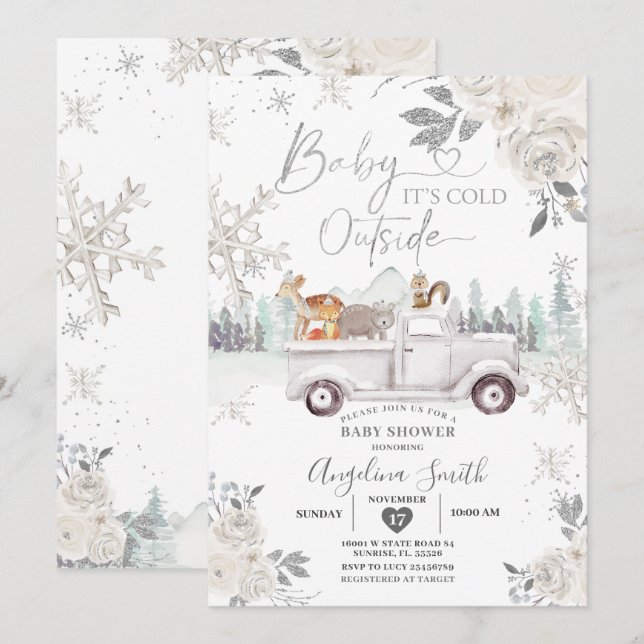 Invitation Baby shower de camion floral blanc crémeux (Devant / Derrière)