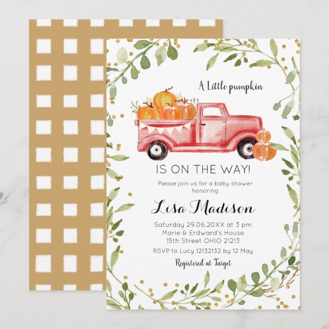 Invitation Baby shower de camion rouge Citrouille d'automne (Devant / Derrière)