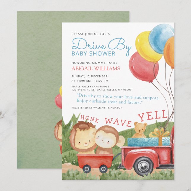 Invitation Baby shower de camions pour animaux de bois (Devant / Derrière)