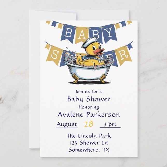 Invitation Baby shower de canard en caoutchouc bleu jaune (Devant)