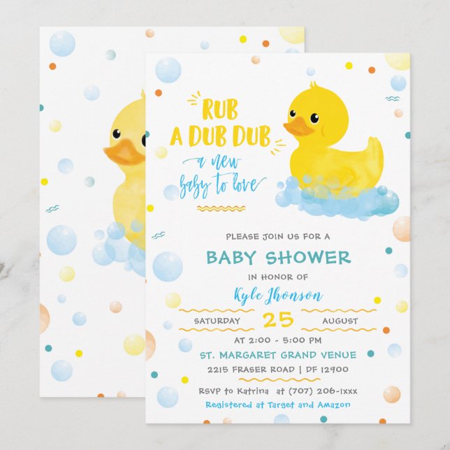 Invitation Baby shower de canard en caoutchouc pour garçon mo (Devant / Derrière)