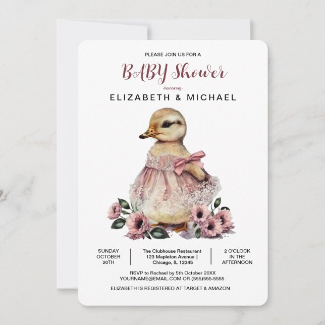 Invitation Baby shower de canard rose floral pour fille (Devant)