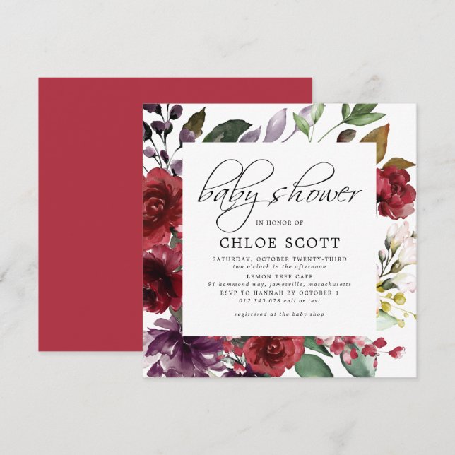Invitation Baby shower de Carré de la Bourgogne rouge (Devant / Derrière)