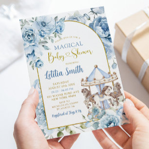 Invitation Baby shower de carrousel magique Boho Dusty Blue