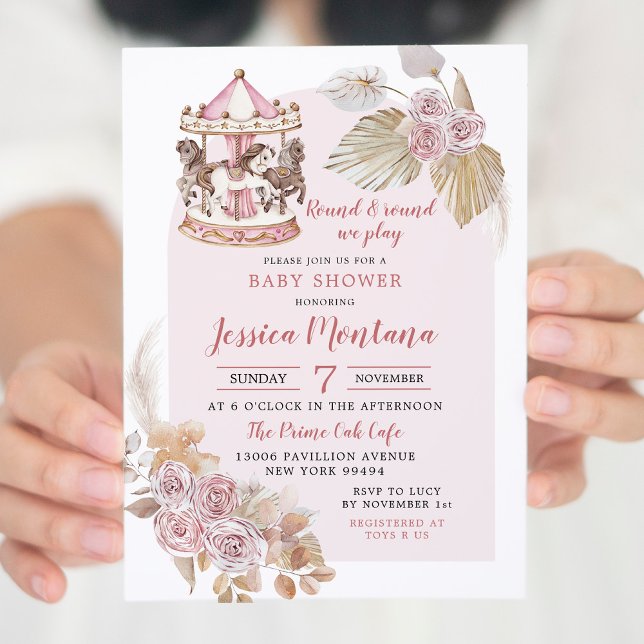 Invitation Baby shower de carrousel rose de Boho (Créateur téléchargé)