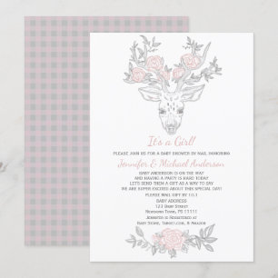 Invitation Baby shower de cerf de fille rose grise par la pos