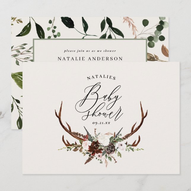 Invitation Baby shower de cerf en script botanique rustique (Devant / Derrière)