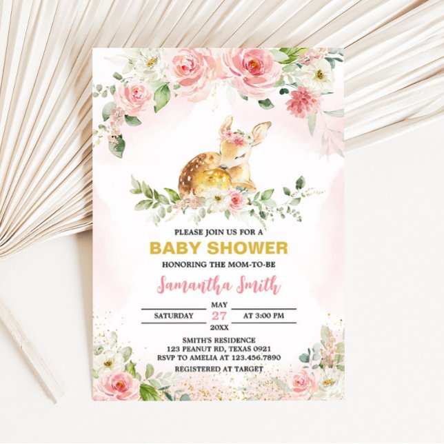 Invitation Baby shower de cerf rose (Girl Floral Deer Baby Shower Invitation)
