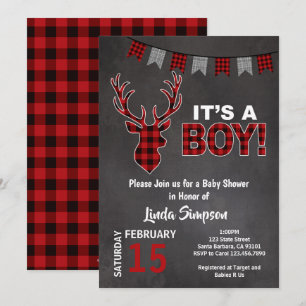 Invitation Baby shower de cerfs Buffalo plaqué rouge et gris