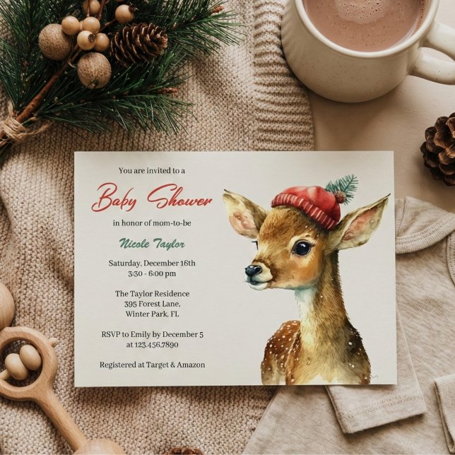 Invitation Baby shower de cerfs d'animaux de la forêt mite d' (Woodland Deer Baby Shower Invitation – Cozy Neutral Winter Theme)