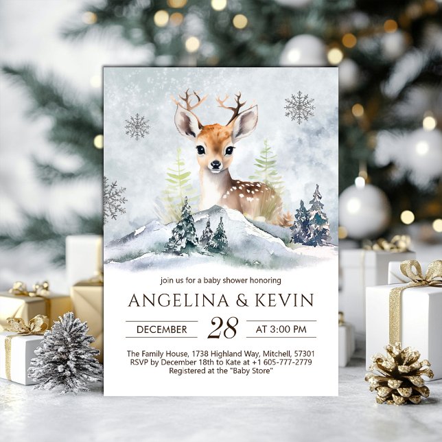 Invitation Baby shower de cerfs de la forêt d'hiver (Winter Forest Baby Deer Baby Shower Invitation)