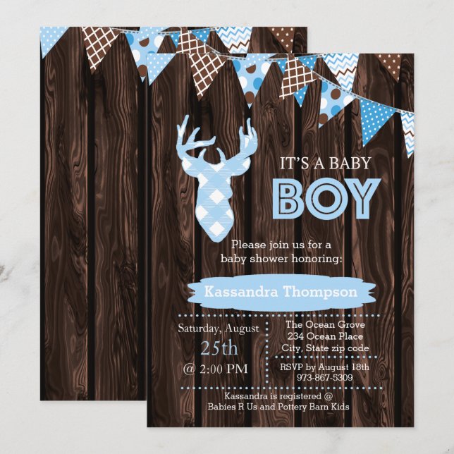 Invitation Baby shower de cerfs en bois bleu rusti (Devant / Derrière)