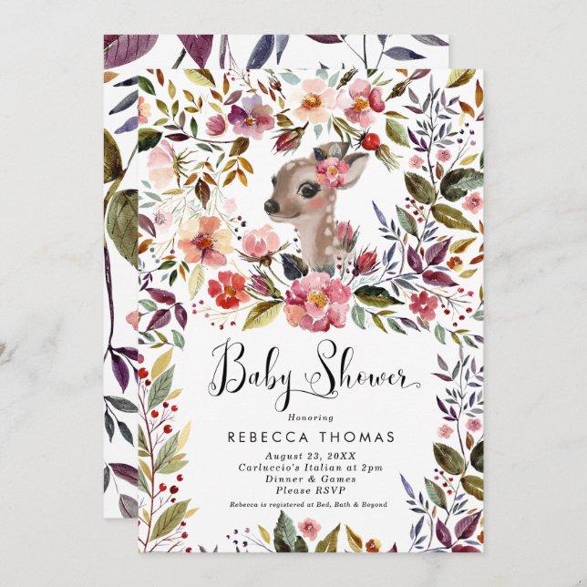 Invitation baby shower de cerfs et de fleurs mignons (Devant / Derrière)