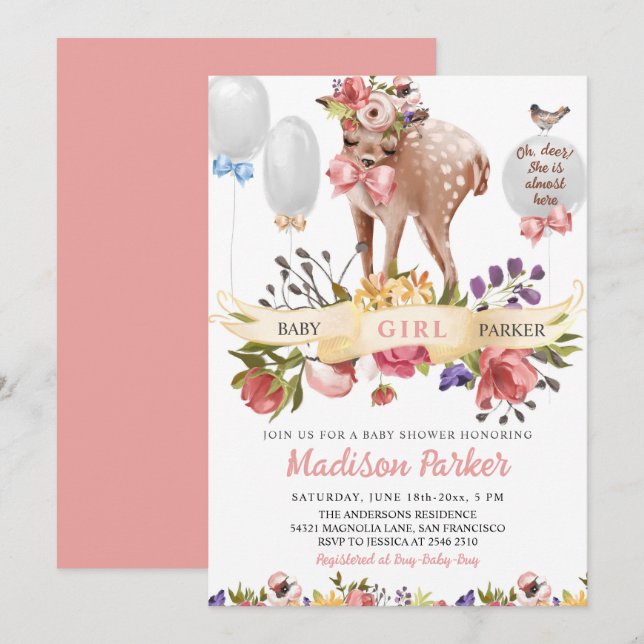 Invitation Baby shower de cerfs floral (Devant / Derrière)