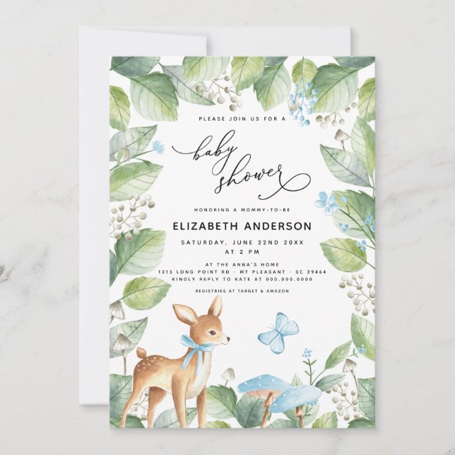 Invitation Baby shower de cerfs- Floral bleu (Devant)