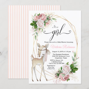 Invitation Baby shower de cerfs floral d'or rose rouge fille
