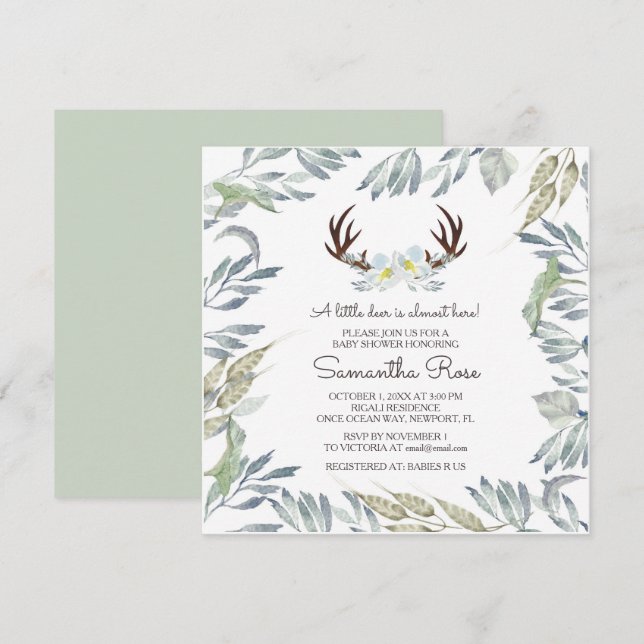 Invitation Baby shower de cerfs-voltigeurs - Carré (Devant / Derrière)