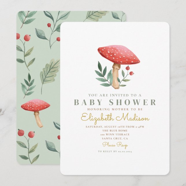 Invitation Baby shower de champignons de forêt (Devant / Derrière)