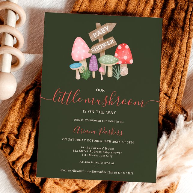 Invitation Baby shower de champignons des bois de fée de mûre (Cute fall fairy woodland mushrooms baby shower invitation on dark green)