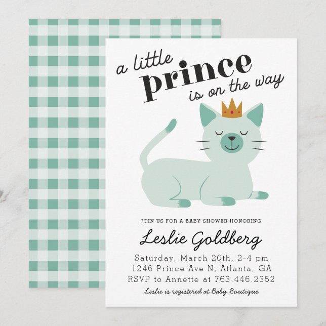 Invitation Baby shower de chat de Prince Kitty (Devant / Derrière)
