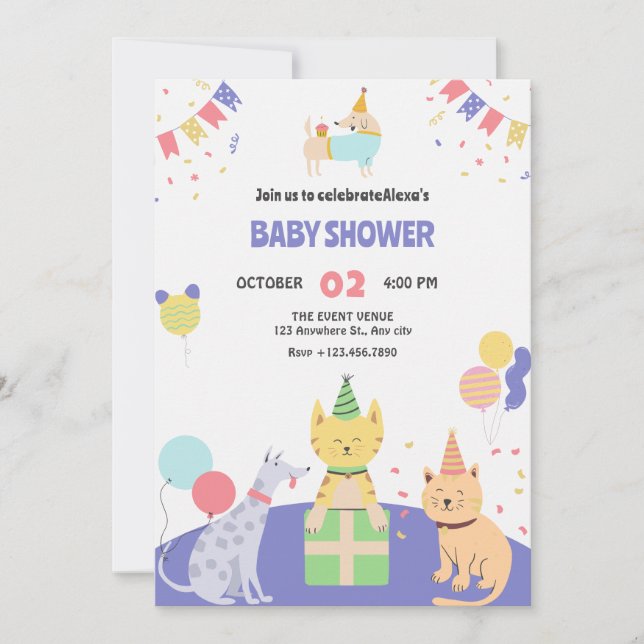Invitation Baby shower de chat et chien coloré (Devant)