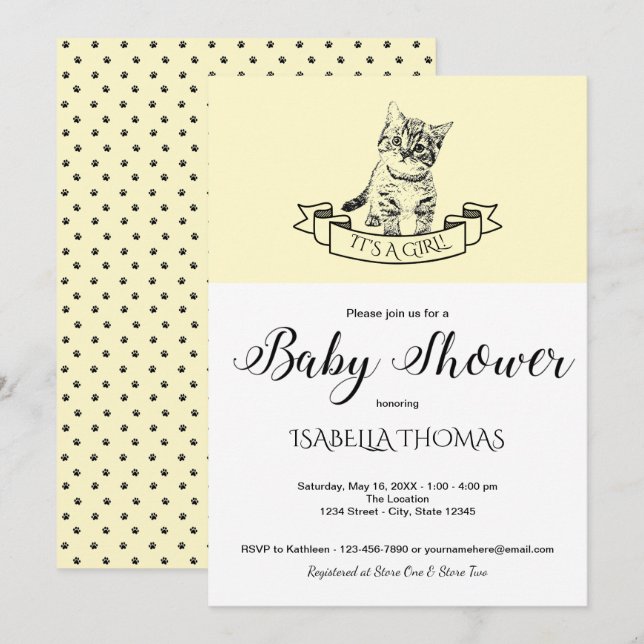 Invitation Baby shower de chaton mignon jaune (Devant / Derrière)