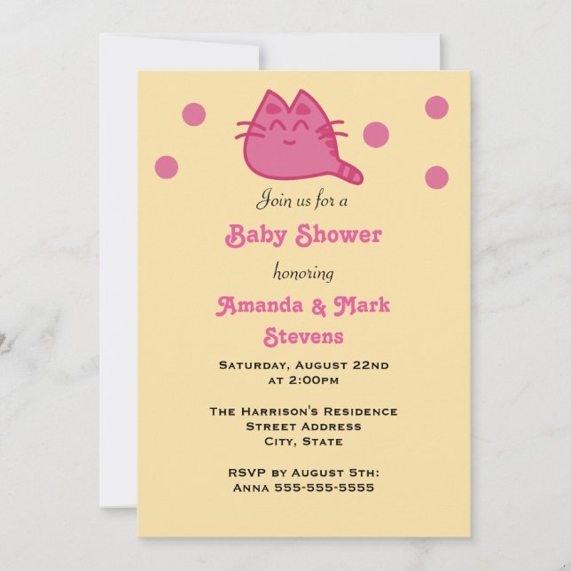 Invitation Baby shower de chaton rose et souriant (Devant)