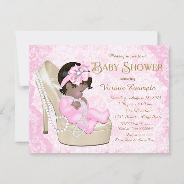 Invitation Baby shower de chaussure en dentelle de perle rose (Devant)