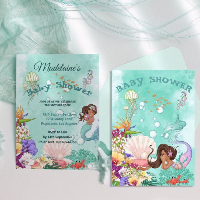 Invitation Baby shower de cheveux foncés de sirène vert migno (Créateur téléchargé)