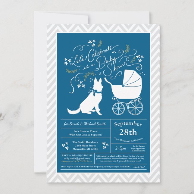 Invitation Baby shower de chien berger allemand French Blue B (Devant)