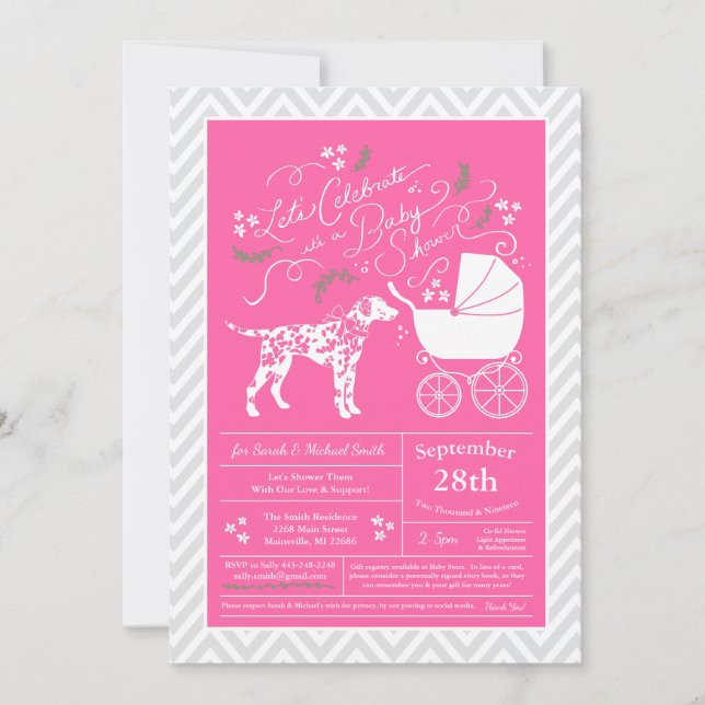 Invitation Baby shower de chien dalmate fille rose (Devant)