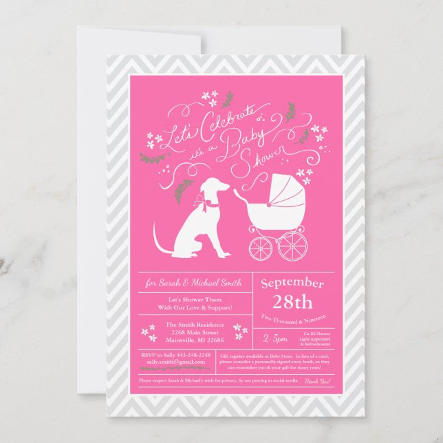 Invitation Baby shower de Chien gris rose (Devant)