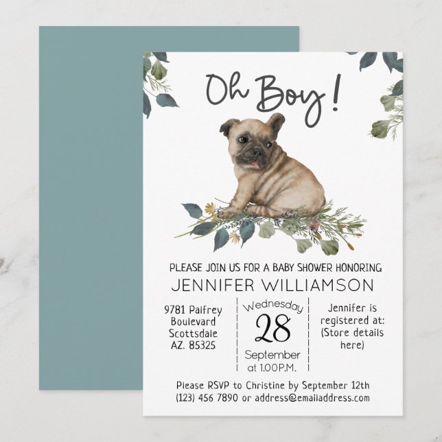 Invitation Baby shower de chien Oh mon garçon ! Chiot carlin (Devant / Derrière)