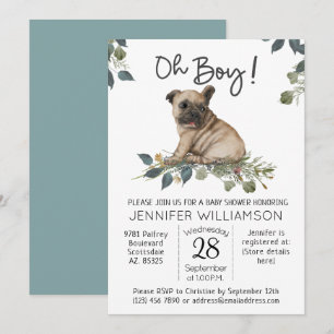 Invitation Baby shower de chien Oh mon garçon ! Chiot carlin