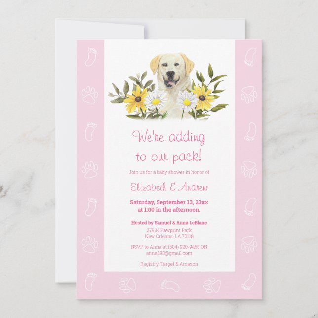 Invitation Baby shower de chien rose jaune du Labr (Devant)