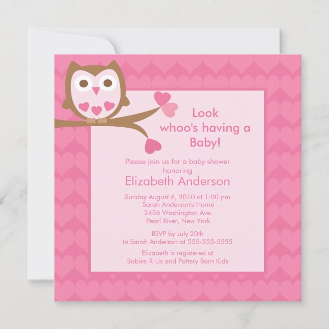 Invitation Baby shower de Chouette à coeur rose (Devant)