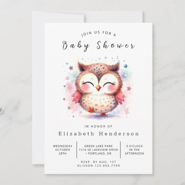 Invitation Baby shower de chouette à imprimer Woods (Devant)