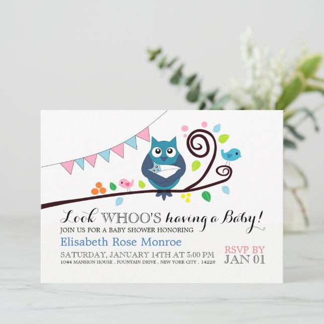 Invitation Baby shower de Chouette lunaire (Debout devant)