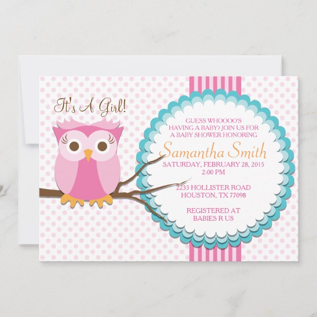 Invitation Baby shower de Chouette rose (Devant)