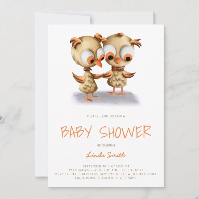 Invitation Baby shower de chouettes jumelles (Devant)