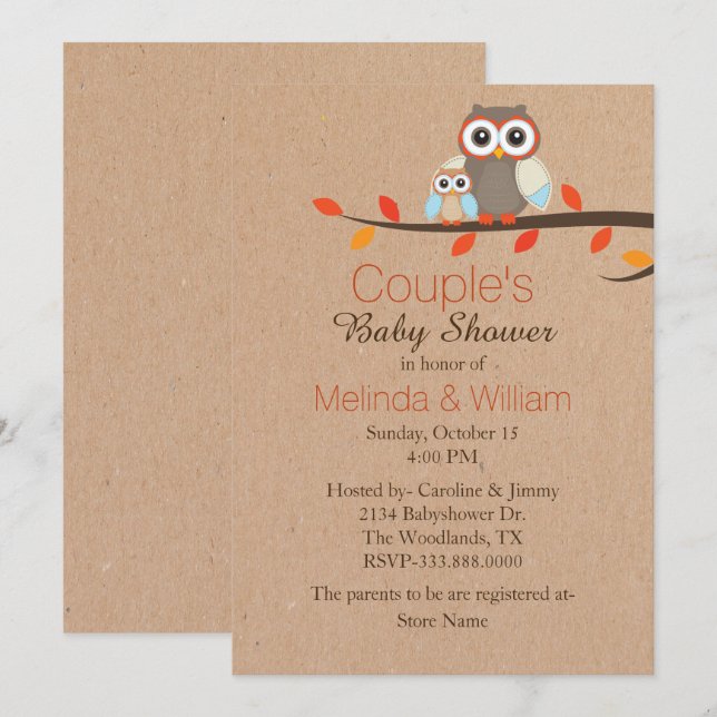 Invitation Baby shower de Chouettes rustiques (Devant / Derrière)