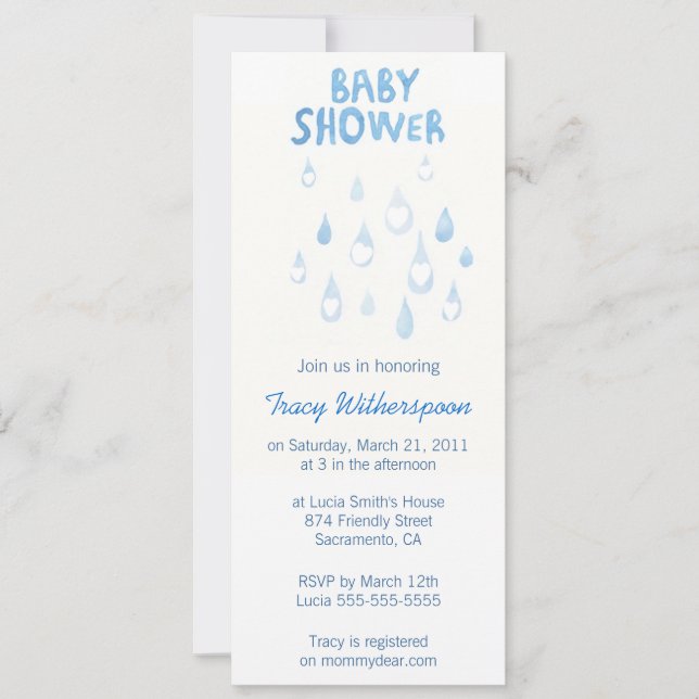 Invitation baby shower de chute de pluie bleue (Devant)