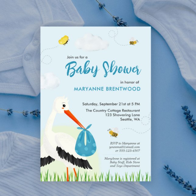 Invitation Baby shower de cigogne bleu clair (Light blue stork baby shower and baby sprinkle invitation template with custom text and info)