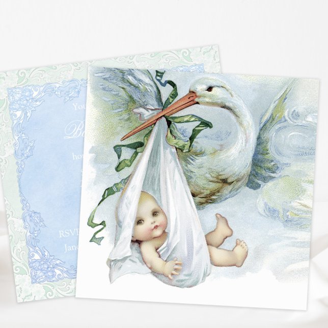 Invitation Baby shower de cigogne bleue et verte (Beautiful vintage stork baby shower invitation. Simply add your details to the front and back.)