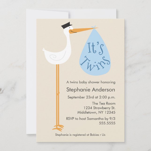 Invitation Baby shower de cigogne moderne - Jumeau (Devant)