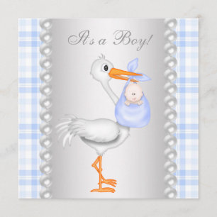 Invitation Baby shower de cigogne Pearls Blue En vichy