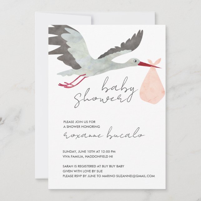 Invitation Baby shower de cigogne rose (Devant)