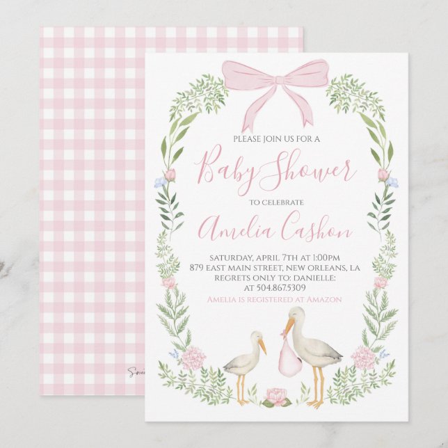 Invitation Baby shower de cigogne rose Preppy Southern Girl (Devant / Derrière)